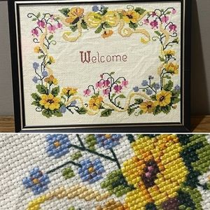 Vintage Floral Cross-stitch Welcome Sign - Handmade